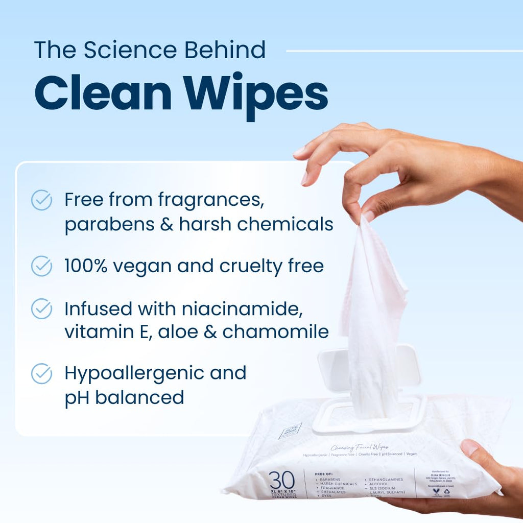 Clean Skin Club Clean Wipes | XL Makeup Remover & Facial Cleansing Wipes | Fragrance Free, Sensitive Skin, 30 Count