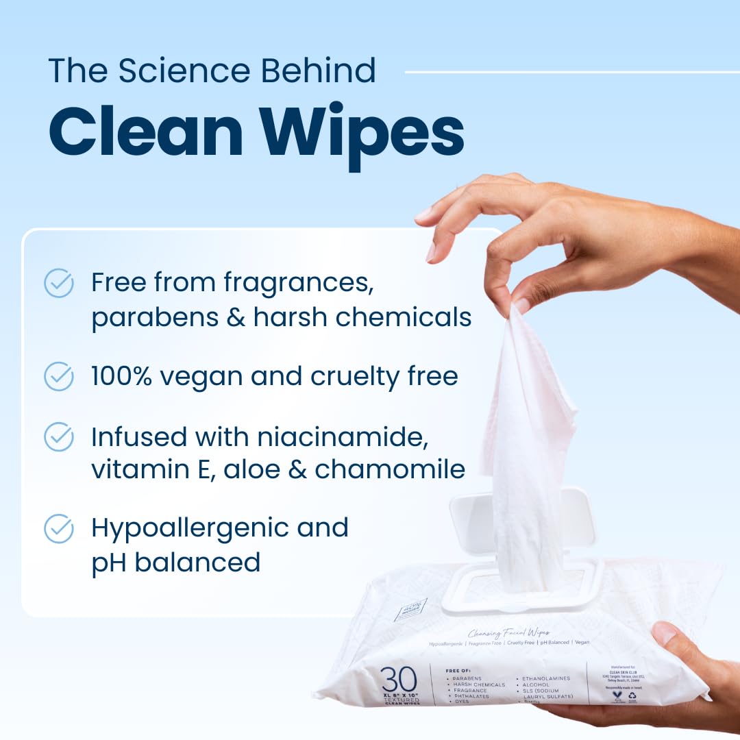 Clean Skin Club Clean Wipes | XL Makeup Remover & Facial Cleansing Wipes | Fragrance Free, Sensitive Skin, 30 Count