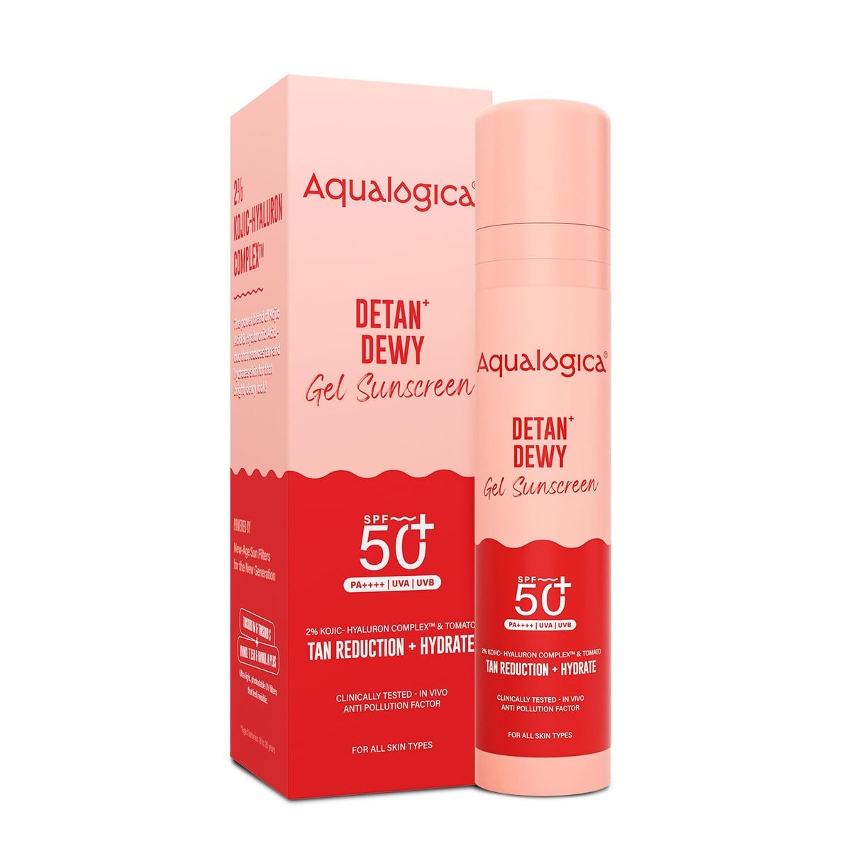 Aqualogica Detan+ Dewy Sunscreen SPF 50+ PA++++ | Cherry Tomato & Hyaluronic Acid | Anti-Pollution, 50g
