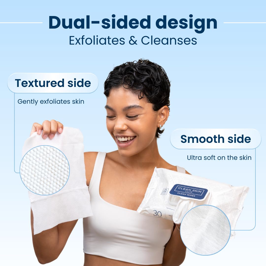 Clean Skin Club Clean Wipes | XL Makeup Remover & Facial Cleansing Wipes | Fragrance Free, Sensitive Skin, 30 Count