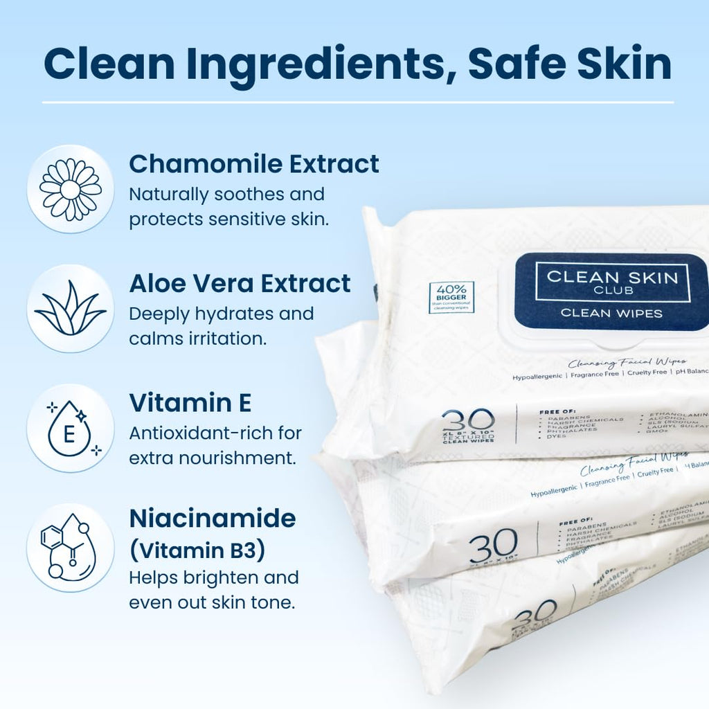 Clean Skin Club Clean Wipes | XL Makeup Remover & Facial Cleansing Wipes | Fragrance Free, Sensitive Skin, 30 Count