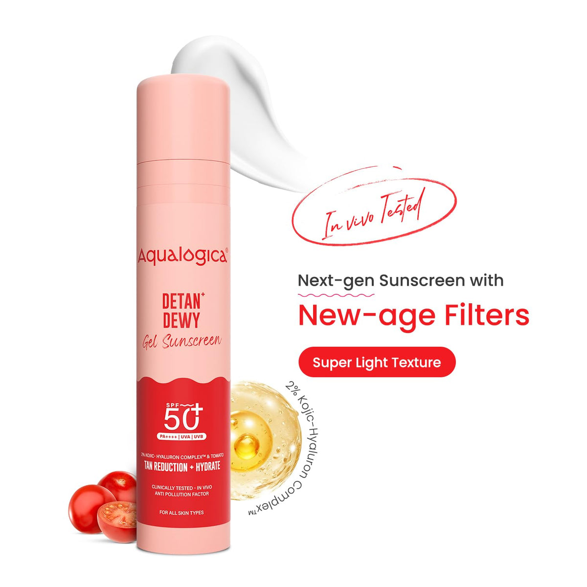 Aqualogica Detan+ Dewy Sunscreen SPF 50+ PA++++ | Cherry Tomato & Hyaluronic Acid | Anti-Pollution, 50g