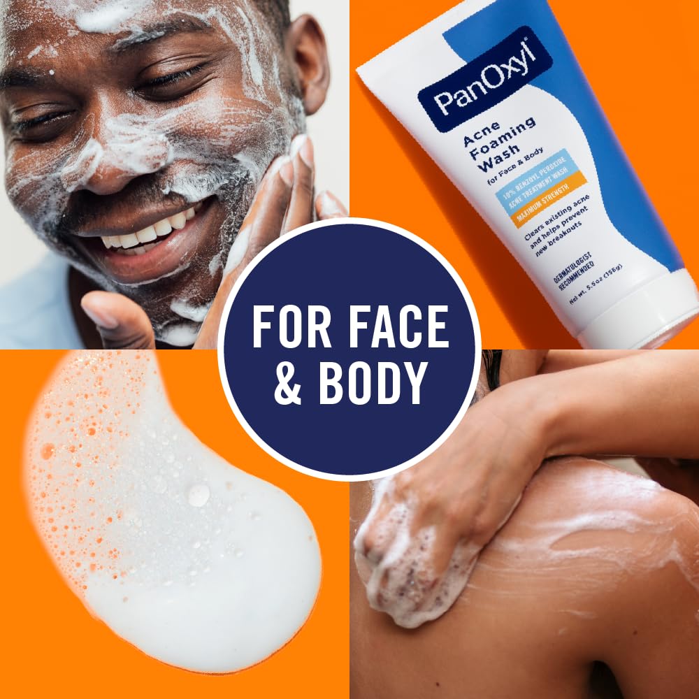 PanOxyl Acne Foaming Wash | 10% Benzoyl Peroxide Maximum Strength | Face & Body Cleanser, 5.5 oz