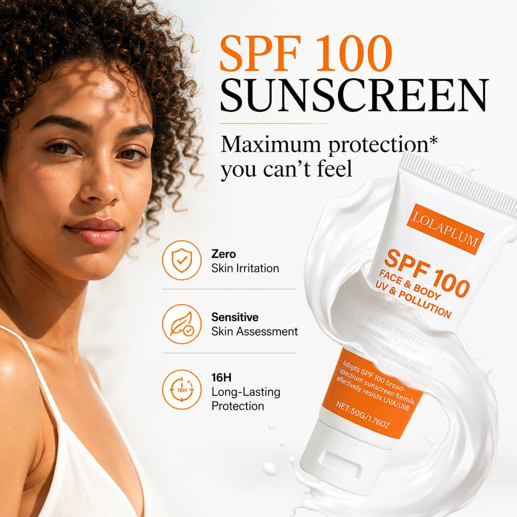 SPF 100 Face & Body Sunscreen, Broad Spectrum Protection with Antioxidants, Oil-Free & Non-Greasy Sun Screen, Travel Size Sunblock, Lightweight Daily Moisturizer for Sun Sensitive Skin, 2 Pack JJ