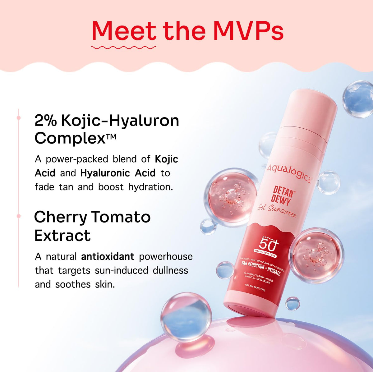 Aqualogica Detan+ Dewy Sunscreen SPF 50+ PA++++ | Cherry Tomato & Hyaluronic Acid | Anti-Pollution, 50g