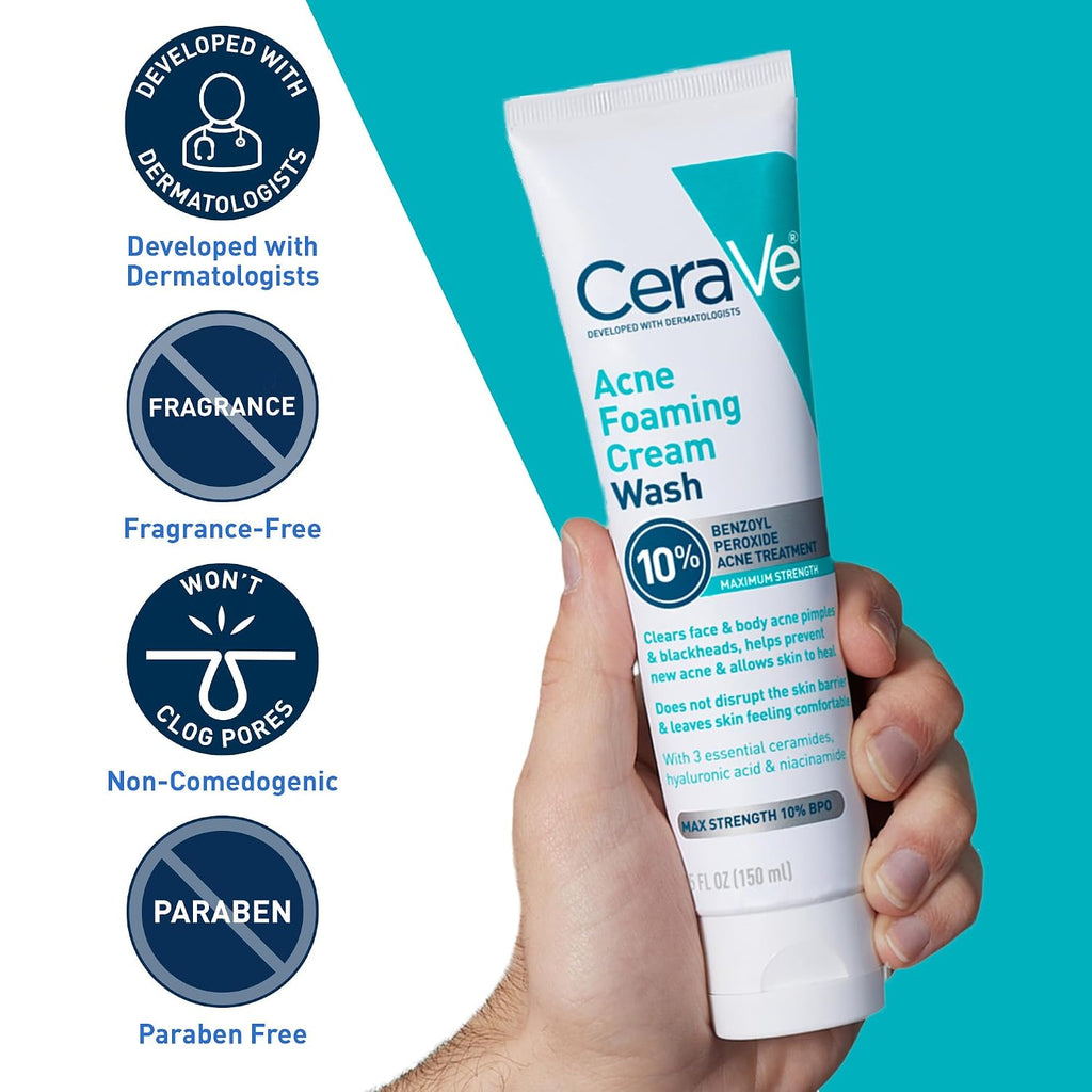 CeraVe Acne Foaming Cream Wash | 10% Benzoyl Peroxide Face & Body Cleanser | Fragrance Free, 5oz