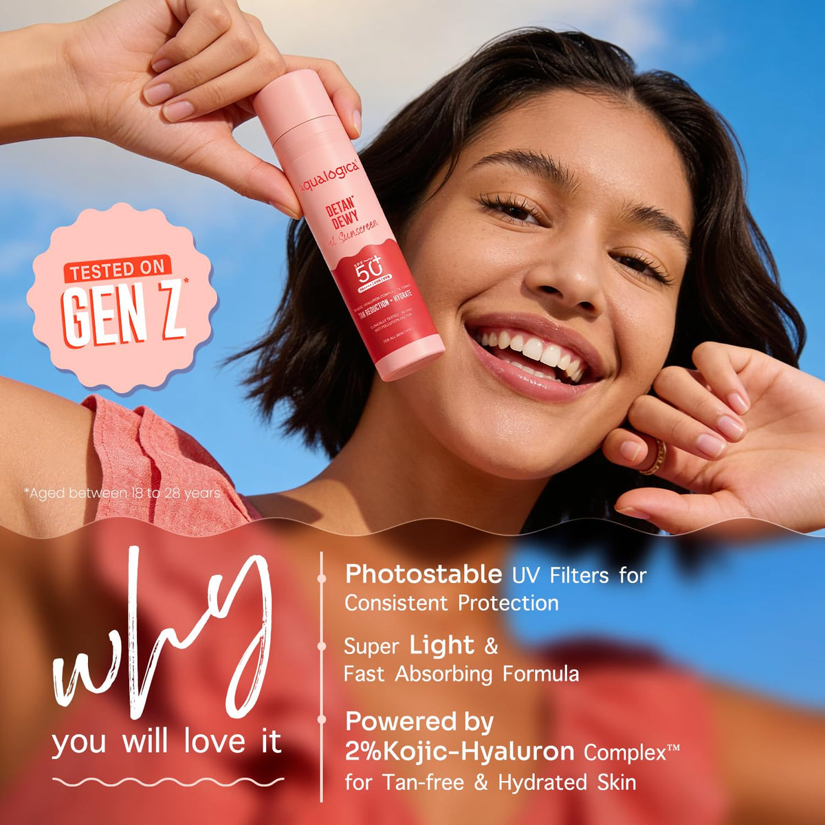 Aqualogica Detan+ Dewy Sunscreen SPF 50+ PA++++ | Cherry Tomato & Hyaluronic Acid | Anti-Pollution, 50g