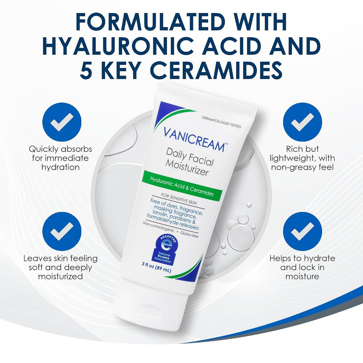 Vanicream Daily Facial Moisturizer | Hyaluronic Acid & 5 Ceramides | Fragrance Free, Sensitive Skin, 3 fl oz