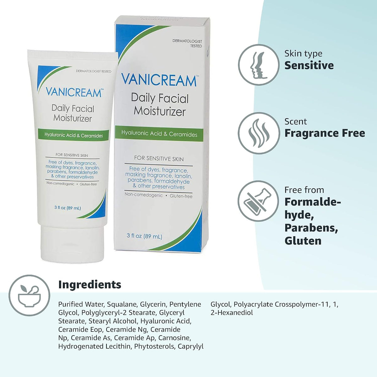Vanicream Daily Facial Moisturizer | Hyaluronic Acid & 5 Ceramides | Fragrance Free, Sensitive Skin, 3 fl oz