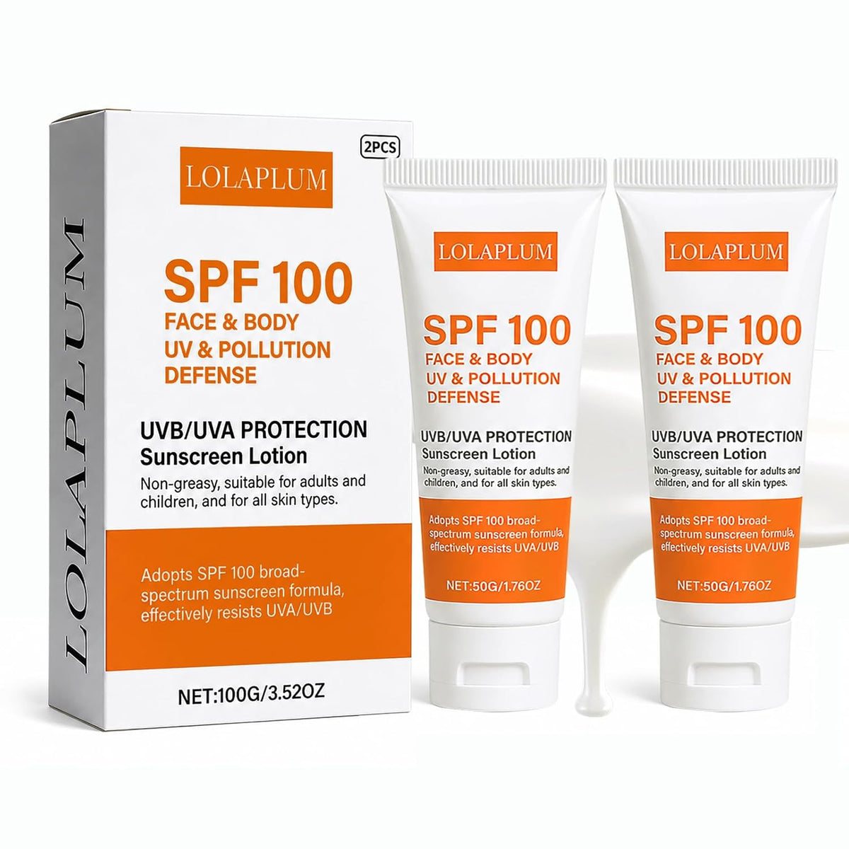SPF 100 Face & Body Sunscreen, Broad Spectrum Protection with Antioxidants, Oil-Free & Non-Greasy Sun Screen, Travel Size Sunblock, Lightweight Daily Moisturizer for Sun Sensitive Skin, 2 Pack JJ