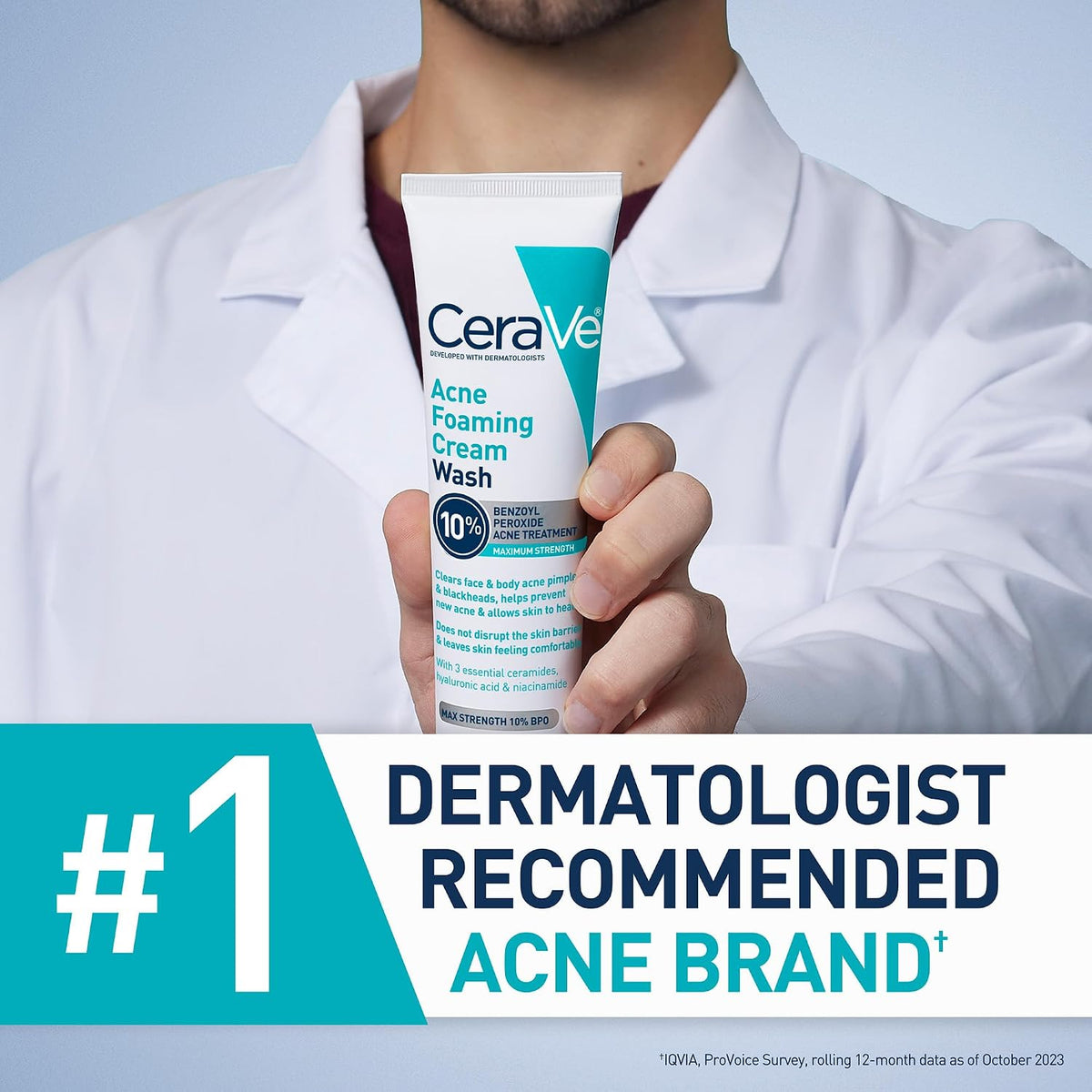 CeraVe Acne Foaming Cream Wash | 10% Benzoyl Peroxide Face & Body Cleanser | Fragrance Free, 5oz