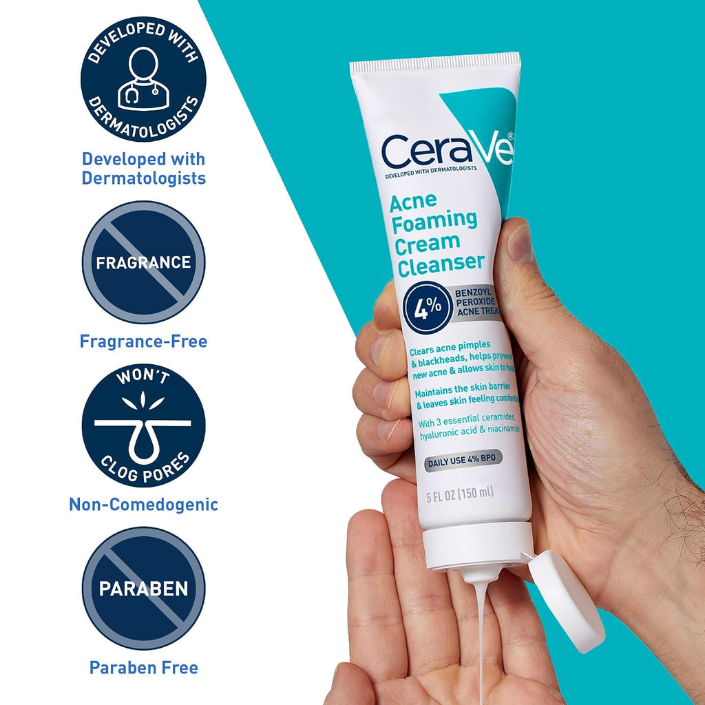 CeraVe Acne Foaming Cream Cleanser | 4% Benzoyl Peroxide Face Wash | Fragrance Free, 5oz