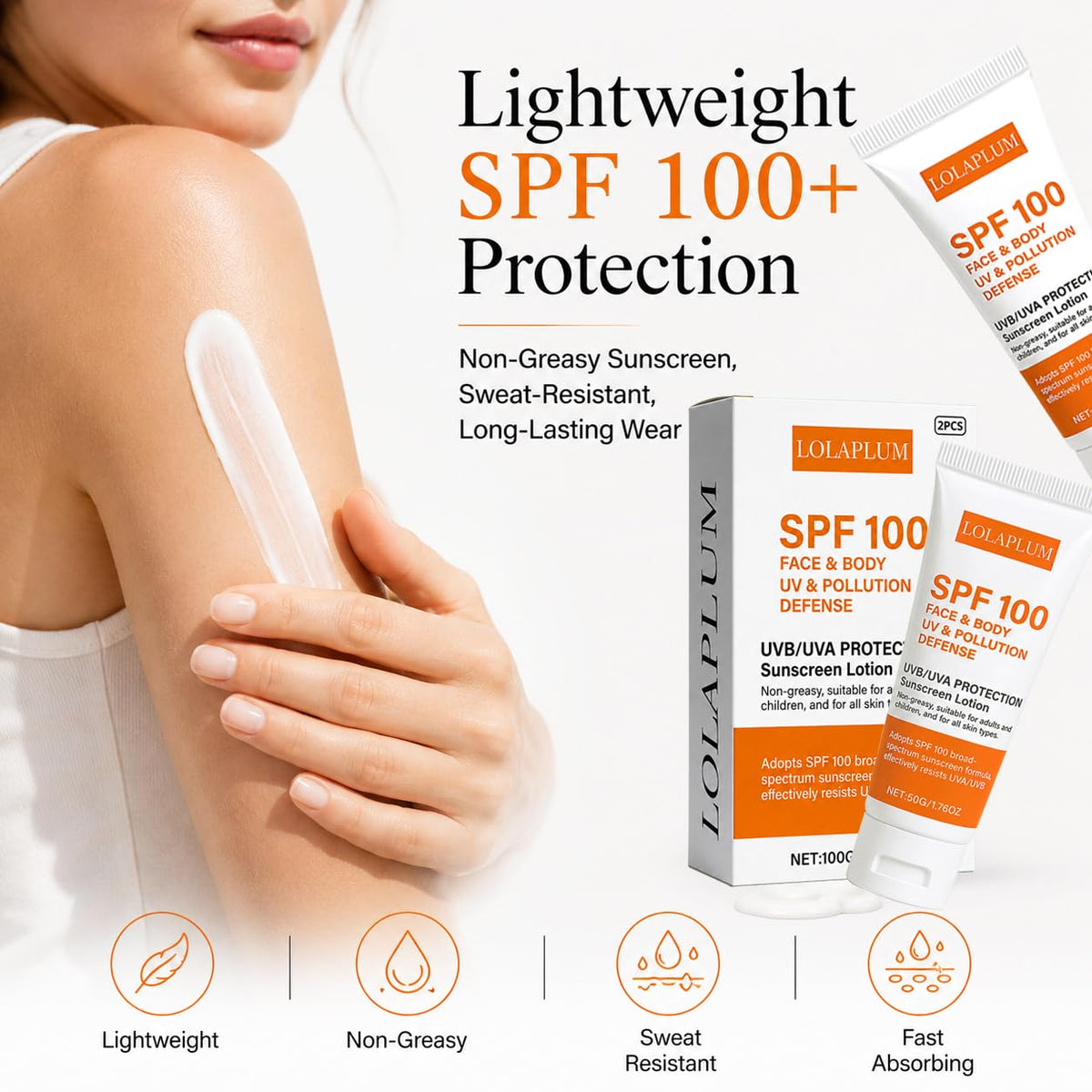SPF 100 Face & Body Sunscreen, Broad Spectrum Protection with Antioxidants, Oil-Free & Non-Greasy Sun Screen, Travel Size Sunblock, Lightweight Daily Moisturizer for Sun Sensitive Skin, 2 Pack JJ