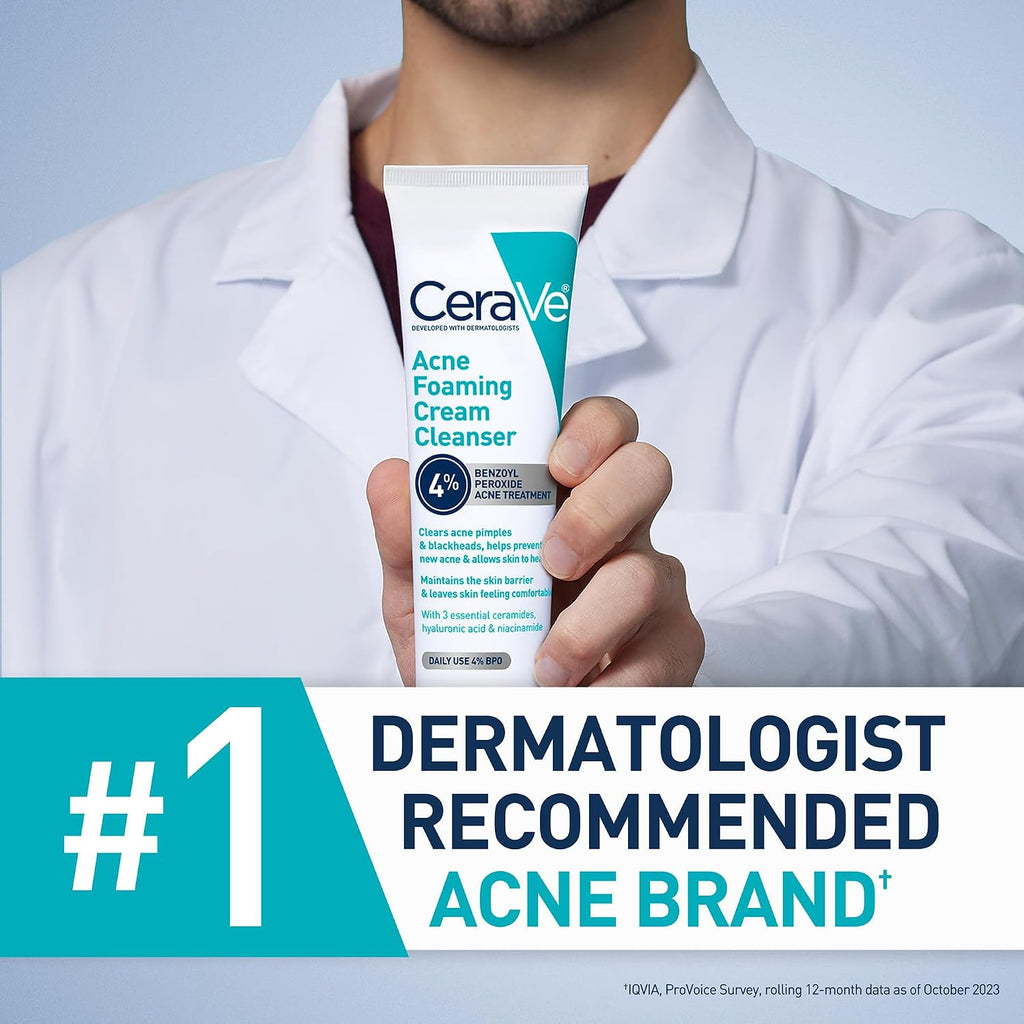CeraVe Acne Foaming Cream Cleanser | 4% Benzoyl Peroxide Face Wash | Fragrance Free, 5oz