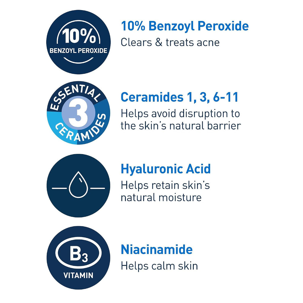 CeraVe Acne Foaming Cream Wash | 10% Benzoyl Peroxide Face & Body Cleanser | Fragrance Free, 5oz