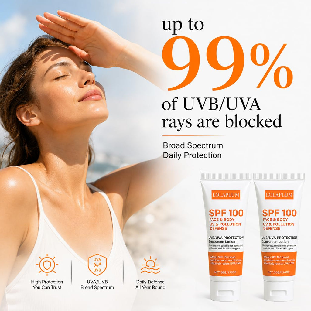 SPF 100 Face & Body Sunscreen, Broad Spectrum Protection with Antioxidants, Oil-Free & Non-Greasy Sun Screen, Travel Size Sunblock, Lightweight Daily Moisturizer for Sun Sensitive Skin, 2 Pack JJ