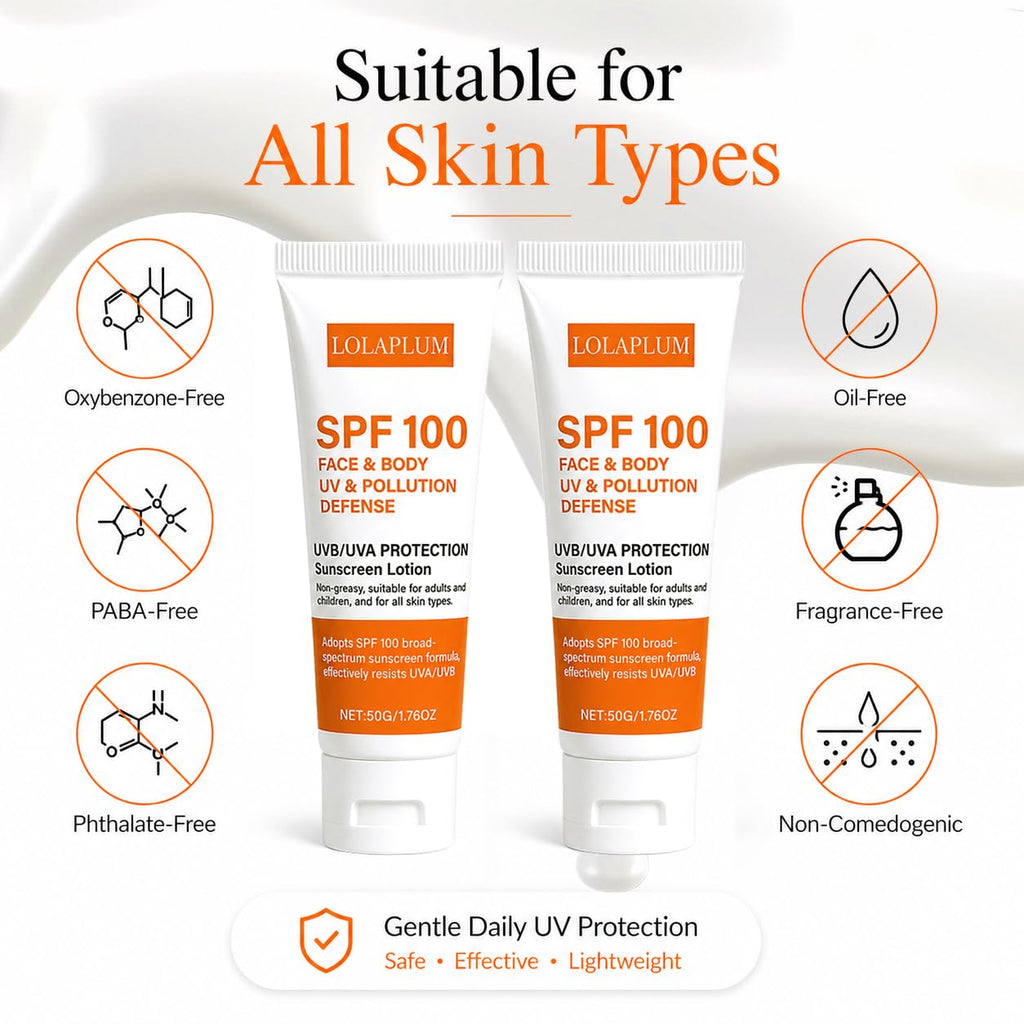 SPF 100 Face & Body Sunscreen, Broad Spectrum Protection with Antioxidants, Oil-Free & Non-Greasy Sun Screen, Travel Size Sunblock, Lightweight Daily Moisturizer for Sun Sensitive Skin, 2 Pack JJ