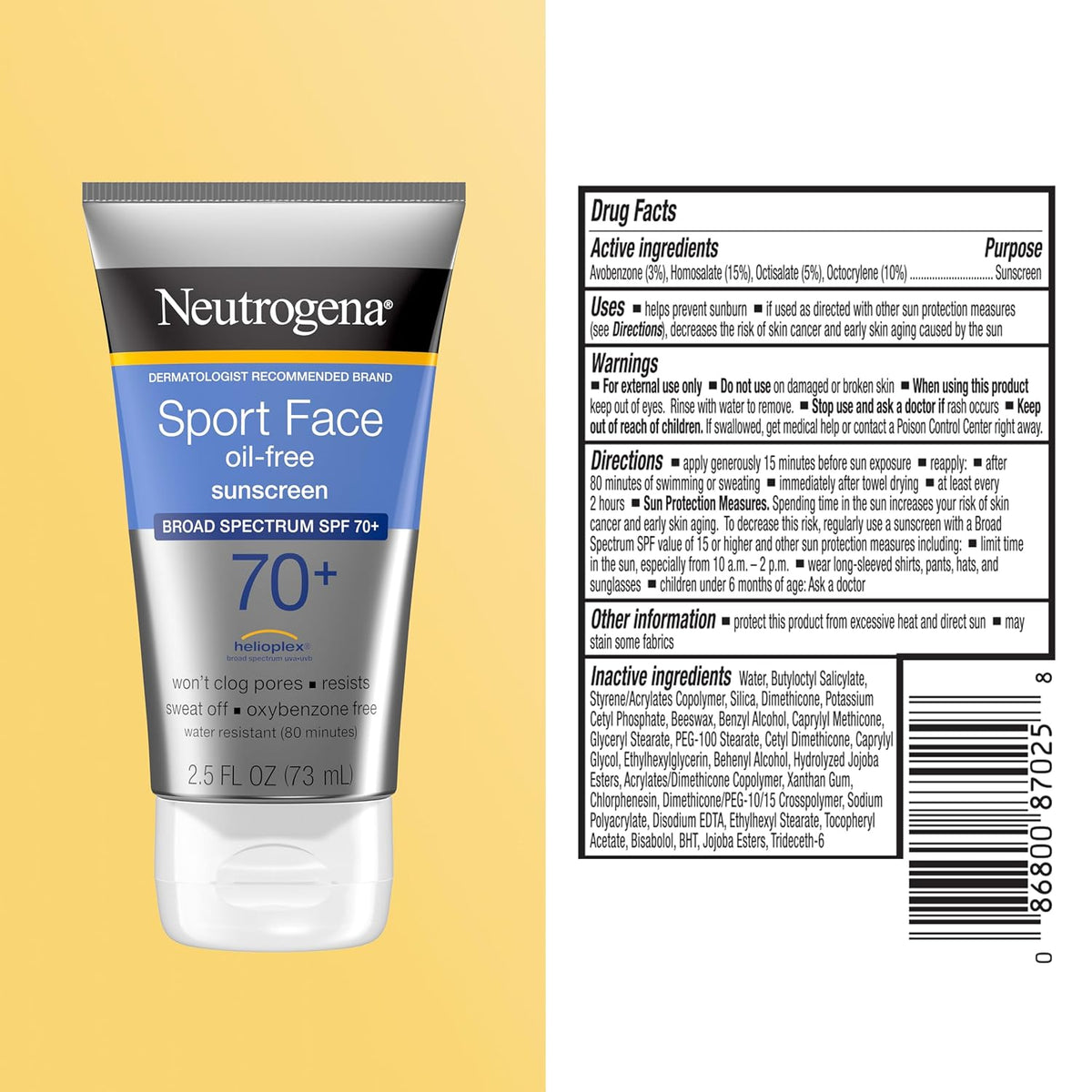 Neutrogena Sport Face Sunscreen SPF 70+ | Oil-Free, Water-Resistant 80 Min | Broad Spectrum UVA/UVB, 2.5 fl oz