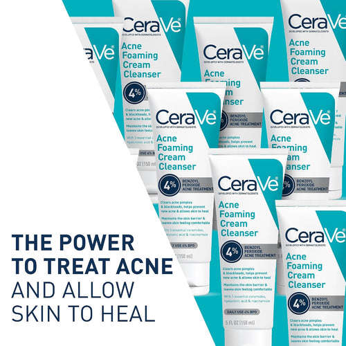 CeraVe Acne Foaming Cream Cleanser | 4% Benzoyl Peroxide Face Wash | Fragrance Free, 5oz