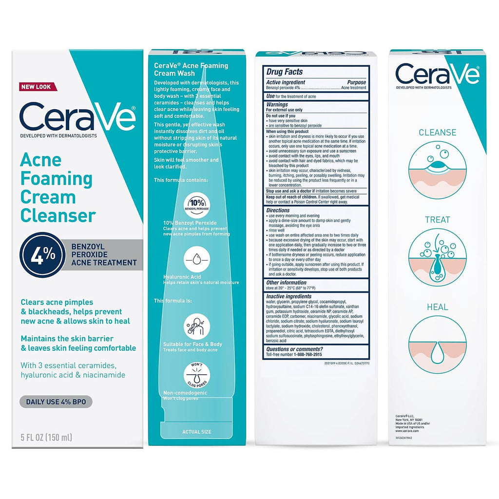 CeraVe Acne Foaming Cream Cleanser | 4% Benzoyl Peroxide Face Wash | Fragrance Free, 5oz