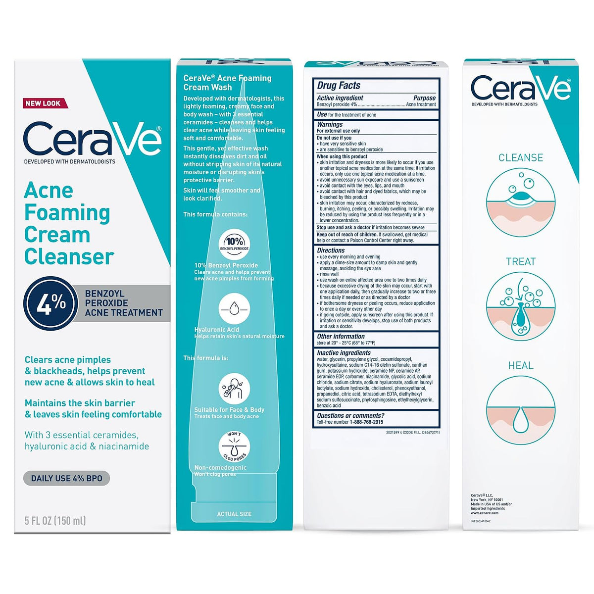 CeraVe Acne Foaming Cream Cleanser | 4% Benzoyl Peroxide Face Wash | Fragrance Free, 5oz