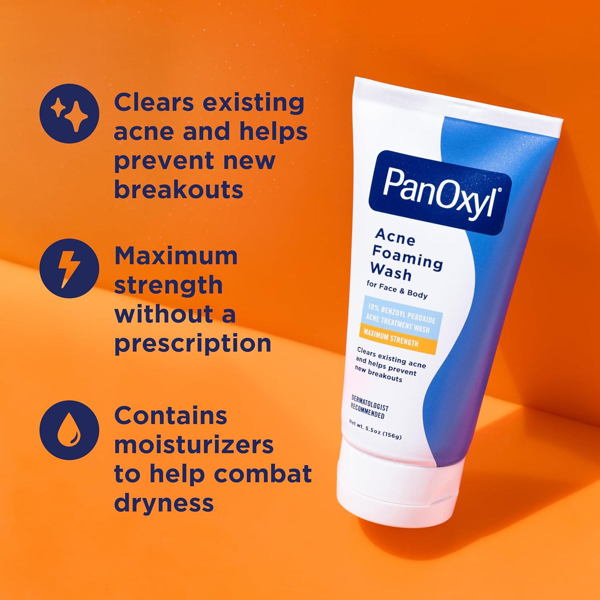 PanOxyl Acne Foaming Wash | 10% Benzoyl Peroxide Maximum Strength | Face & Body Cleanser, 5.5 oz