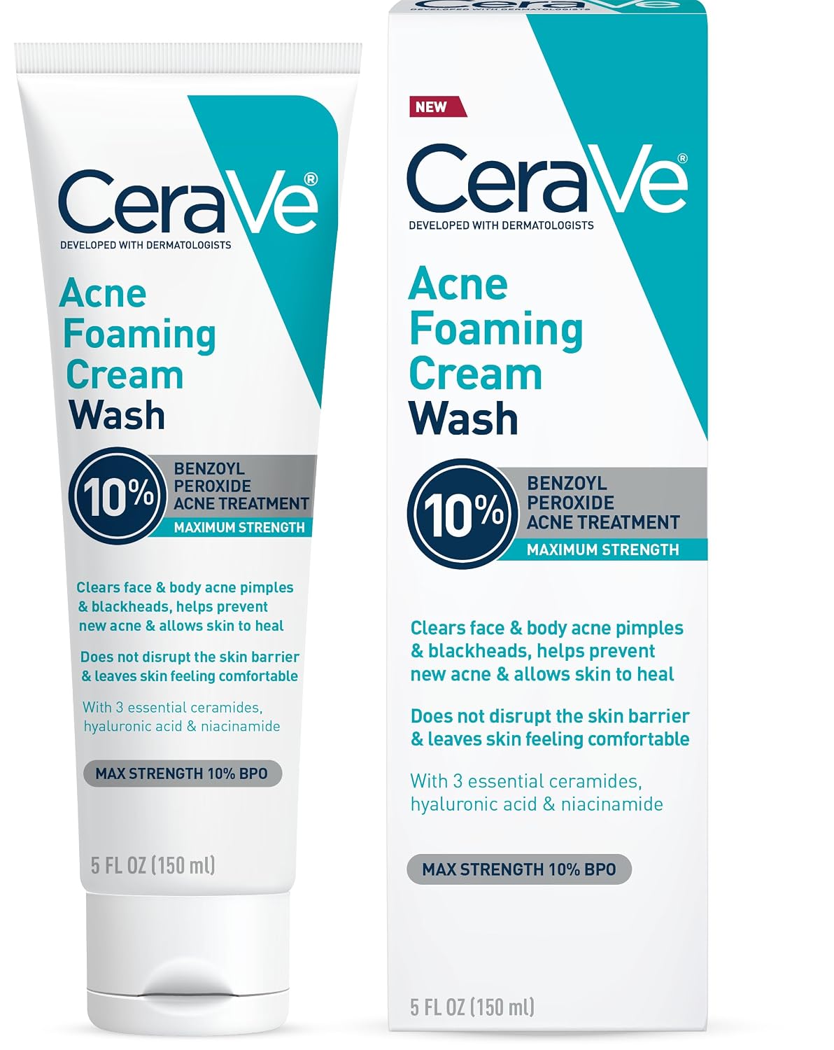 CeraVe Acne Foaming Cream Wash | 10% Benzoyl Peroxide Face & Body Cleanser | Fragrance Free, 5oz