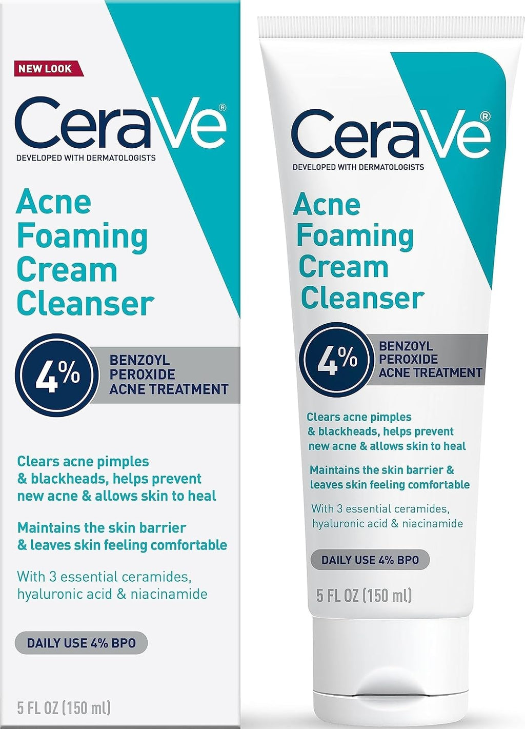 CeraVe Acne Foaming Cream Cleanser | 4% Benzoyl Peroxide Face Wash | Fragrance Free, 5oz