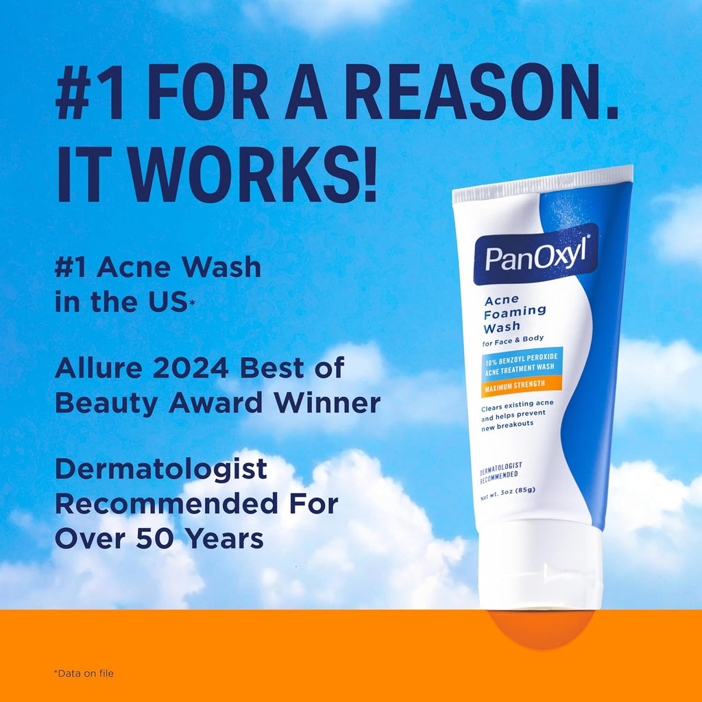 PanOxyl Acne Foaming Wash | 10% Benzoyl Peroxide Maximum Strength | Face & Body Cleanser, 5.5 oz