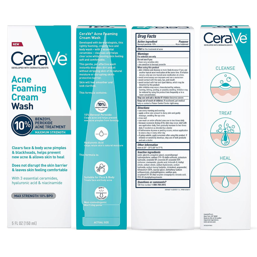 CeraVe Acne Foaming Cream Wash | 10% Benzoyl Peroxide Face & Body Cleanser | Fragrance Free, 5oz