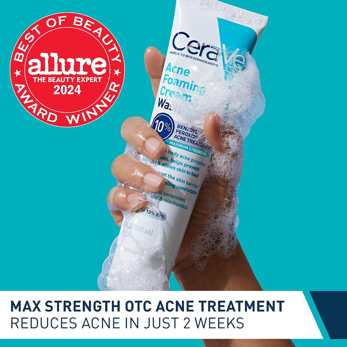 CeraVe Acne Foaming Cream Wash | 10% Benzoyl Peroxide Face & Body Cleanser | Fragrance Free, 5oz